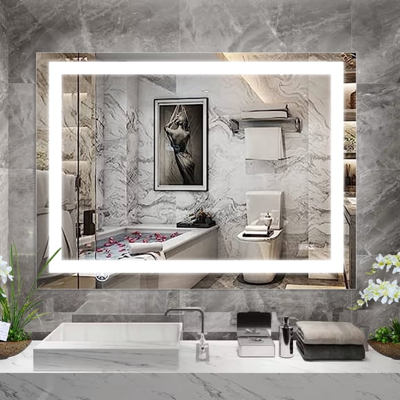 LiviNest Anti-Fog LED Bathroom Mirror: 1-Hour Clear View & 3-Color Studio Lighting - 48x36 Inch Frameless Wall Mirror for Makeup Shaving & Vanity - Touch Sensor & Dimmable Brightness