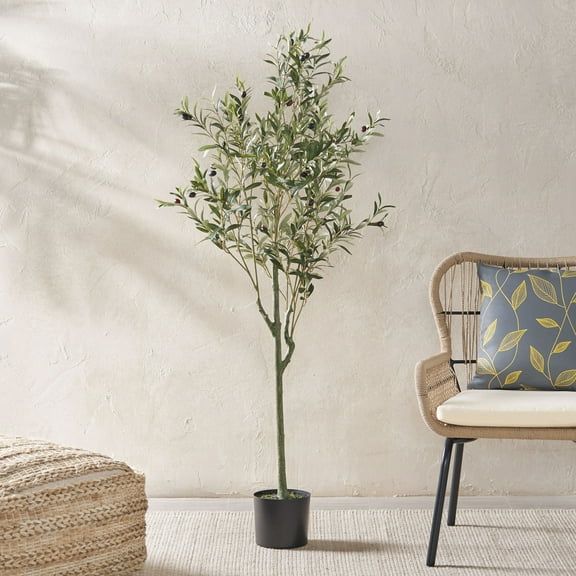 LiviNest Artificial Olive Tree for Living Room: 100% Zero Maintenance Year-Round Greenery - 59" Tall Faux Plant with Flexible Iron Branches & Faux Olives for Home Office Decor