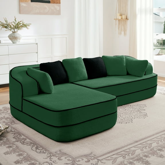 LiviNest No Assembly Sofa for Living Room: 32D High Density Sponge - Cloud-Like Comfort for Family Movie Nights - Green Teddy Fabric L-Shaped Chaise Lounge
