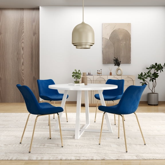 LiviNest Avant 5-Piece Round Dining Set, Trestle Table with 4 Velvet Gold Leg Side Chairs, White+Blue