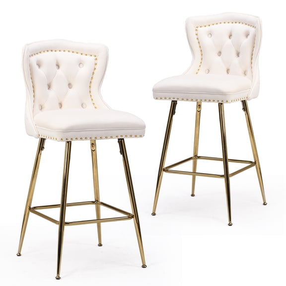 LiviNest Bar Stools Set of 2, Velvet Counter Height Bar Stools with Metal Legs, Button Tufted and Nailheads Trim, Wing-Back Bar Chairs for Kitchen Island Dining Room Pub, Beige
