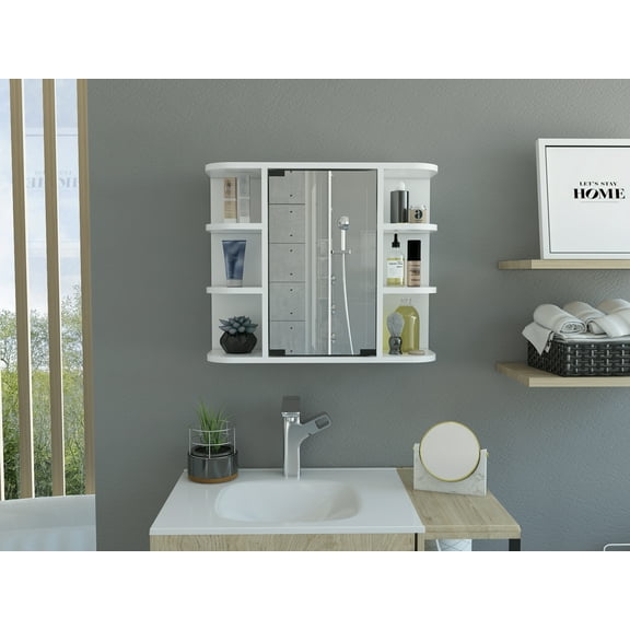 LiviNest Bathroom Mirror Cabinet with Storage - Modern White Wall Mounted Vanity Cabinet with Six External Shelves & Three Internal Shelves - Space Saving Design for Small Apartments & Micro Unit Bat