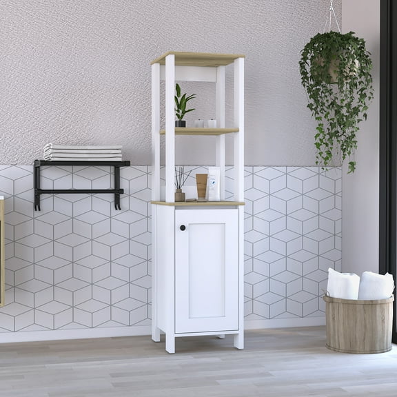 LiviNest Bathroom Storage Cabinet Tall Wooden: Modern Space Saving Design for Small Apartments - Multi Tiered Open & Closed Storage with White Light Wood Finish for Toiletries Towels Organization