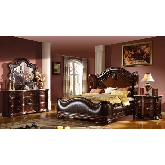 LiviNest Bella Traditional Queen Bedroom Set: 4-Piece Wood Furniture in Dark Walnut - Complete Bed, Dresser, Mirror & Nightstand for Master Bedroom