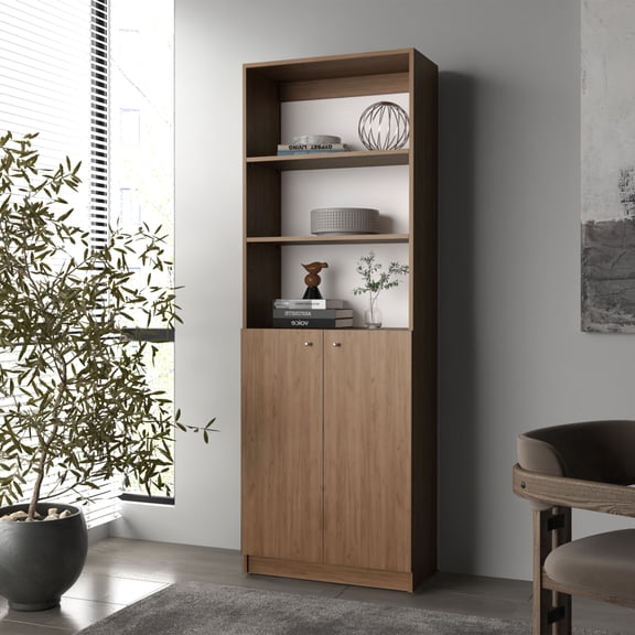 LiviNest Beyerville Tall Bookcase with Open Storage and 2 Doors, 71 inch Natural Oak and White Wooden Shelf Unit for Living Room, Home Office, and Dorm Room Space Saving Storage