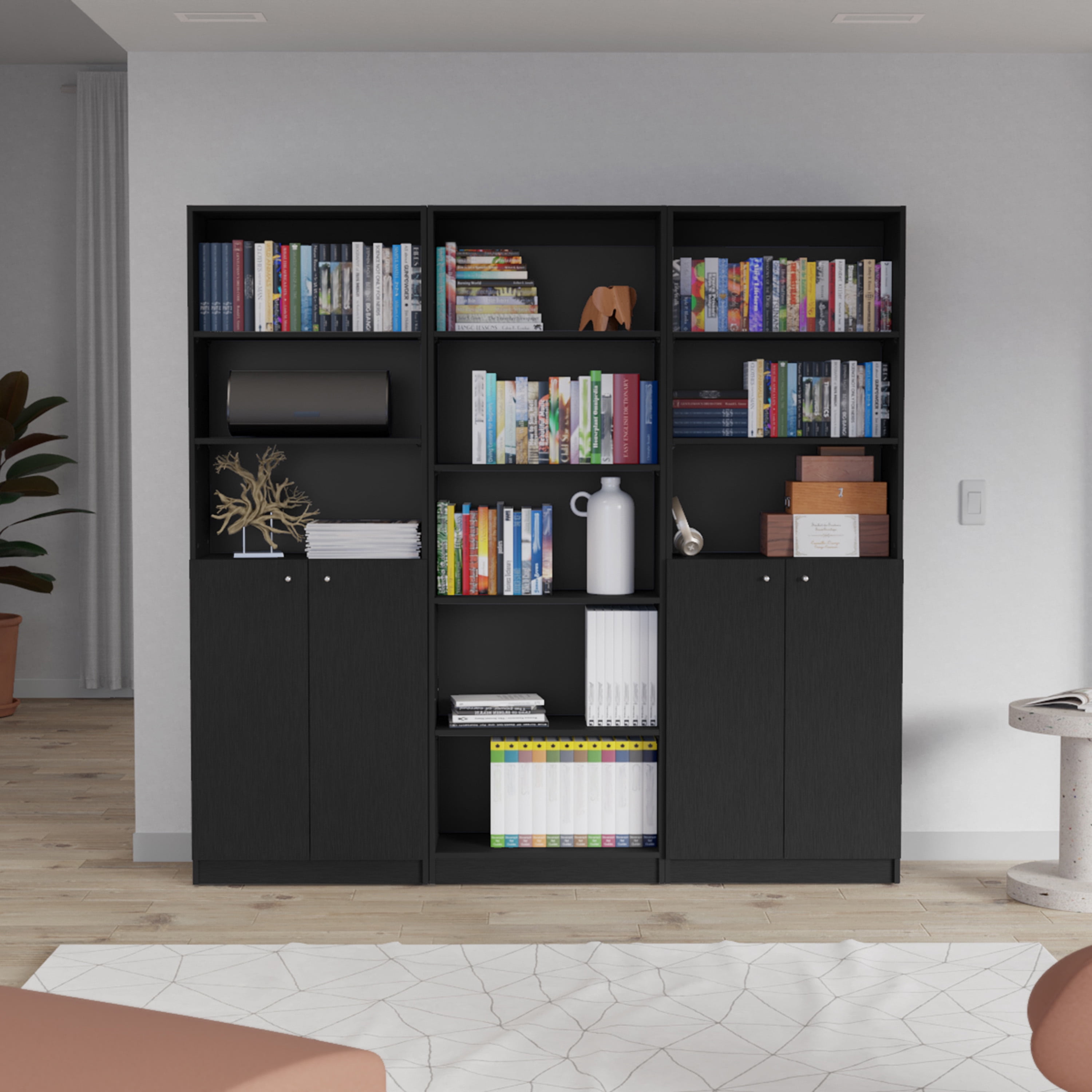 LiviNest Black Bookshelf: Modern 3 Piece Bookcase Set with Open Shelves ...