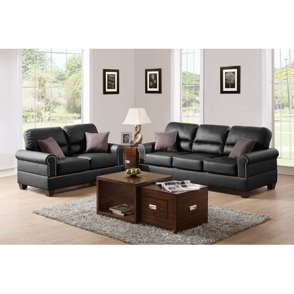 LiviNest Black Leather 2pc Sofa Set - Modern Style Upholstered Furniture With Loveseat - Contemporary Living Room Seating For Small Apartments & Urban Spaces