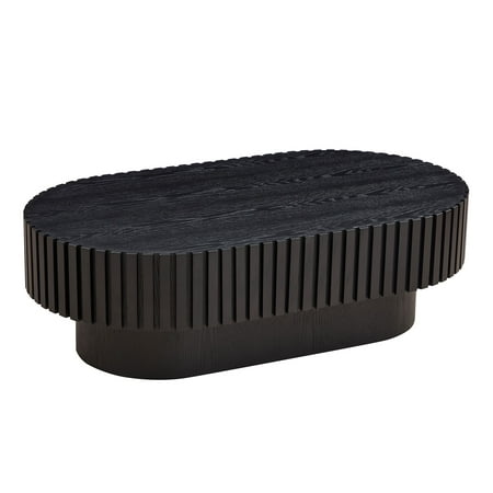 LiviNest Black Oval Coffee Table: Modern Compact Furniture for Small Apartments - Sturdy MDF Base with Textured Wood Surface & Ribbed Edge Design for Living Room & Office Use