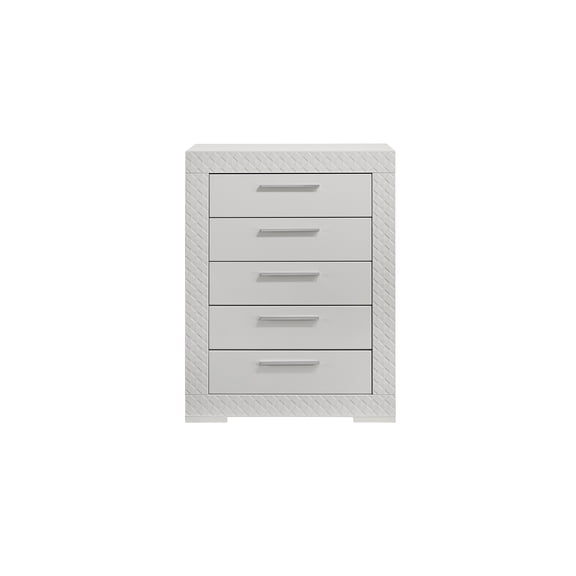 LiviNest Blanca 5-Drawer Chest of Drawers, White Lacquer Wood with Quilted Textured Front, Red Velvet-Lined Drawers for Bedroom Storage