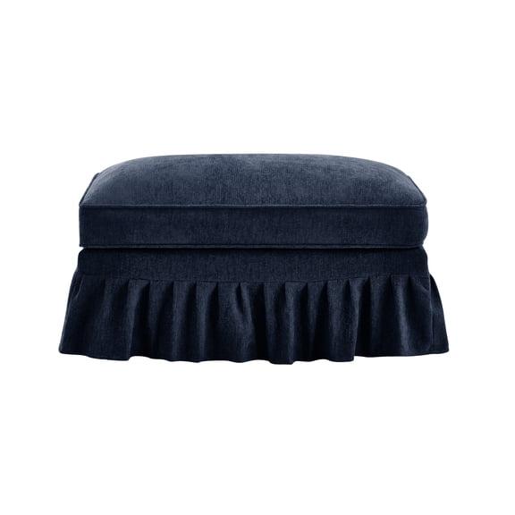 LiviNest Blue Chenille Ottoman with Detachable Ruffled Skirt, 35.4 in Wide Cushioned Footrest for Living Room, Extra Seating and Coffee Table Use, Farmhouse to Modern 2-in-1 Style
