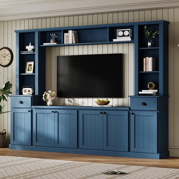 LiviNest Blue Entertainment Wall Unit Set: 4-in-1 Storage for 75" TVs - Adjustable Bridge Height for Custom Installation - Modern Large Media Console with 4 Cabinets & 2 Drawers for Living Room