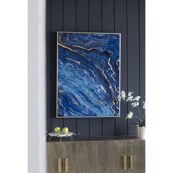 LiviNest Blue Gold Marble Wall Art: Set of 2 Large Modern Abstract Panels - 30.5x40 Inch Metal Frame Canvas Artwork for Luxury Apartments Living Room Decor