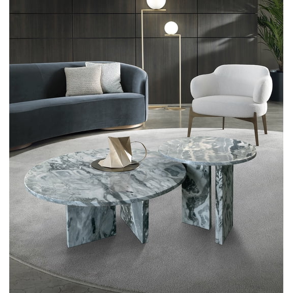 LiviNest Blue Gray Marble Coffee Table Set: Natural Stone Round Living Room Centerpiece - Modern Designer Furniture for Interior Decor Enthusiasts & Apartment Dwellers