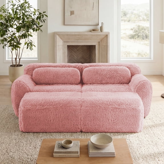 LiviNest Boneless Sofa No Assembly Required, 80 Inch Plush Fabric Sofa with Ottoman and Throw Pillows, Pink Deep Seat Couch with Anti-Slip Bottom for Study and Living Room, Pink
