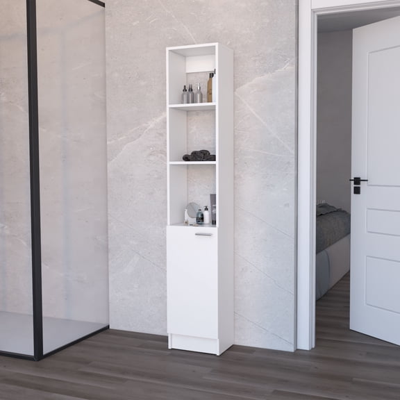LiviNest Brenda Linen Cabinet: White Bathroom Storage with 5 Shelves & Door - Engineered Wood Contemporary Design for Hotel Rooms & Compact Spaces Organization Solution