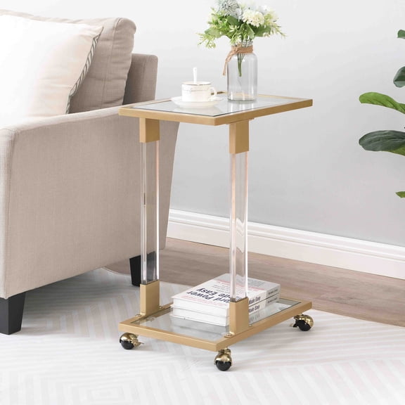 LiviNest C Shape Glass Top Side Table with Wheels, Square Acrylic Gold Metal Base End Table for Living Room Bedroom Office, Mobile Sofa Table