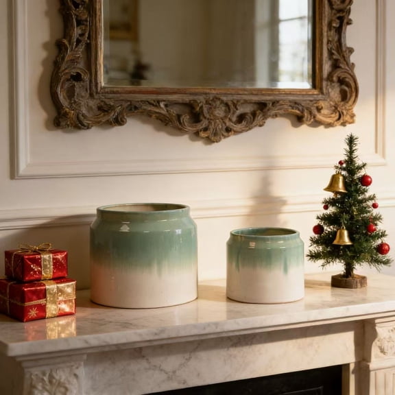 LiviNest Ceramic Planter Set of 2: Handmade Green-White Ombre Glaze Non-Porous Pots for Aquatic Plants - Asian Zen Style Home Decor for Indoor Shelf & Table Use