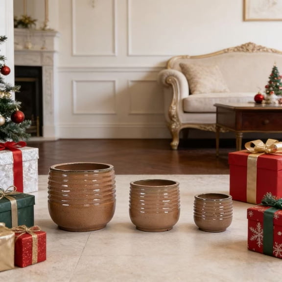 LiviNest Ceramic Planter Set of 3: Horizontal Ribbed Texture & Drainage Holes - For Succulents Cacti Indoor Outdoor Staircase Patio Use by Plant Enthusiasts