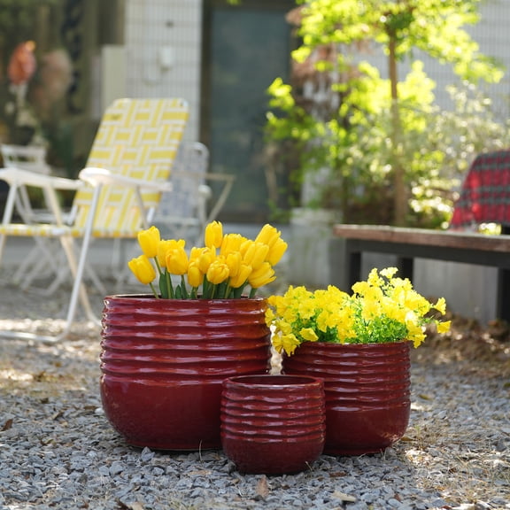 LiviNest Ceramic Planter Set of 3: Tiered Sizes for Indoor & Outdoor Decor - Handmade Glazed Pots with Horizontal Grooves for Succulents & Plants in Deep Red