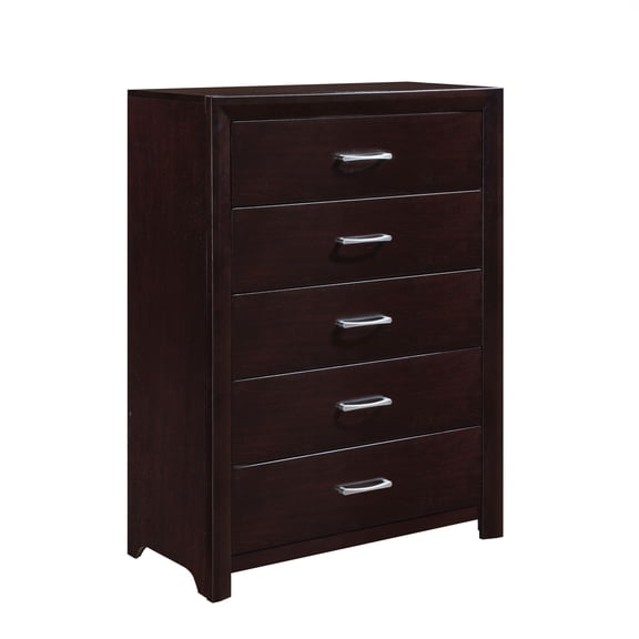 LiviNest Chest of Drawers with 5 Drawers, Espresso Finish with Silver Tone Bar Pulls, Dovetail Construction for Bedroom