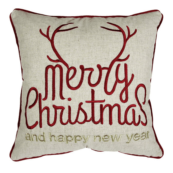 LiviNest Christmas Pillow Holiday Decor - Embroidered Festive Throw Pillow with Linen Look Fabric & Gold Accents - Red Piping Design for Sofa Bedroom Seasonal Decorating