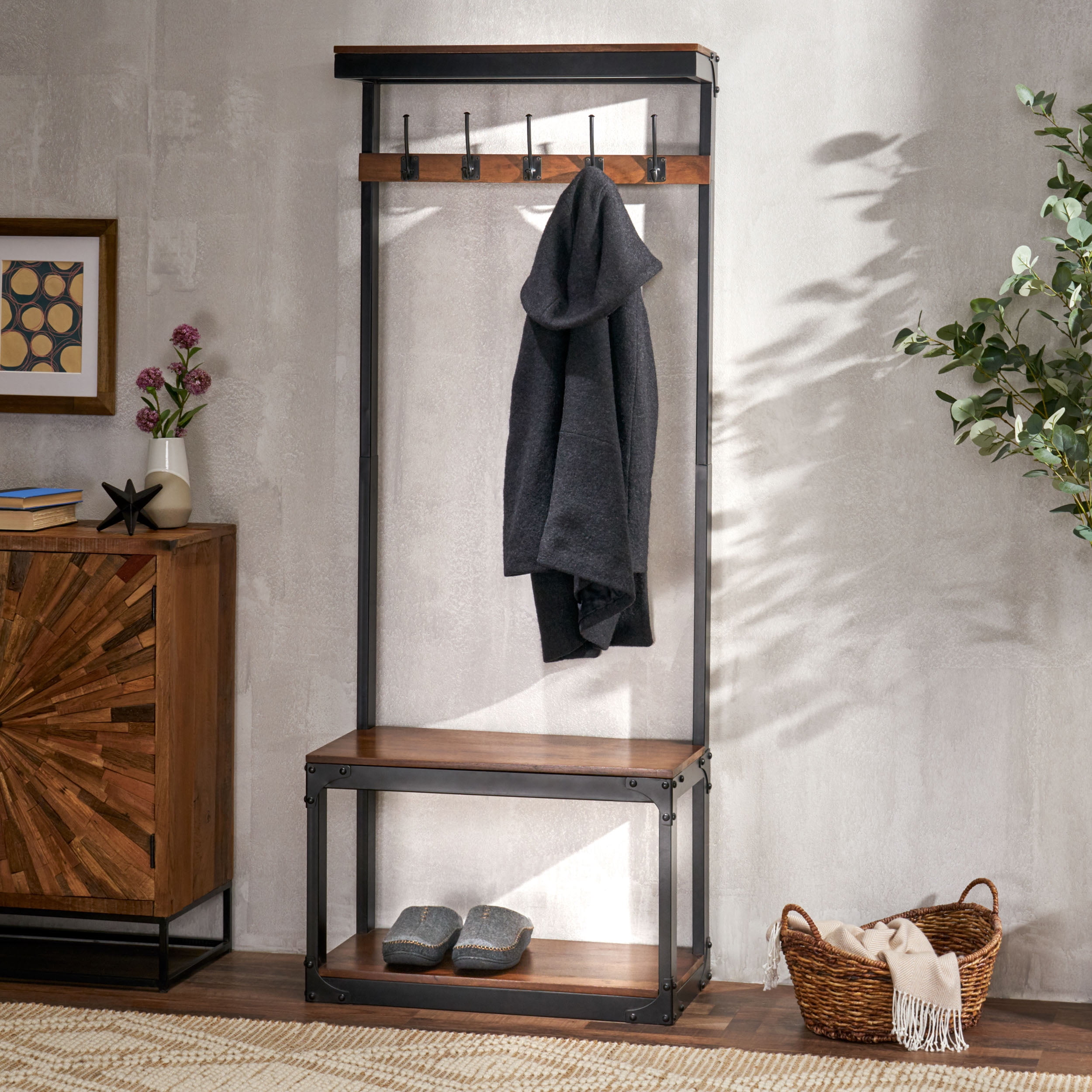 LiviNest Coat Rack Bench with Storage & Hooks: Modern Industrial ...