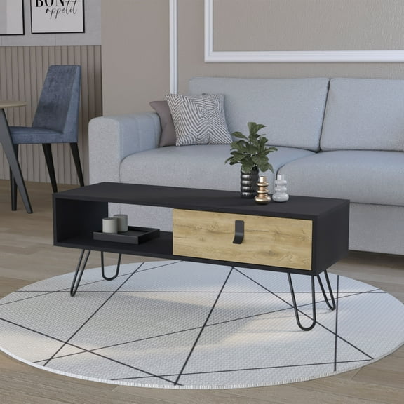 LiviNest Coffee Table with Drawer & Shelf: Modern Industrial Hairpin Leg Design for Studio Reception Area - Multifunctional Storage Solution with Secure Drawer & Open Display Space for Creative Works