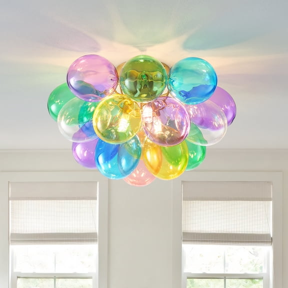 LiviNest Colorful Bubble Ceiling Light for Kids Room: 15 Inch Flush Mount with 18 Glass Bubbles - Soft Diffused Lighting for Bedroom Nursery Playroom - 3-Light Fixture with Gold Finish