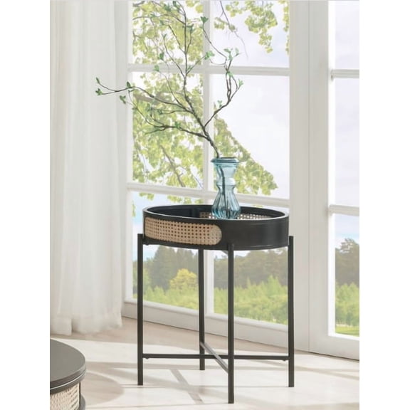 LiviNest Colson Round End Table with Rattan Shelf, 22 Inch Black Metal Side Table for Living Room Bedroom, Wood Composite Top