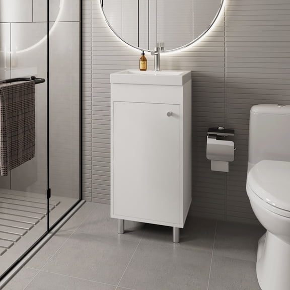 LiviNest Compact Bathroom Vanity for Small Spaces: 15.8 Inch Narrow Vanity with Sink - 15kg Storage Capacity for Apartments & Guest Bathrooms - Single Door & Two Shelves White Modern Design