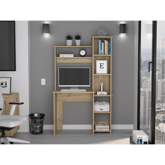 LiviNest Compact Desk with Hutch & Shelves: 7 Storage Layers in 1 Space-Saving Unit - Light Oak Home Office Desk for Small Rooms & Apartments