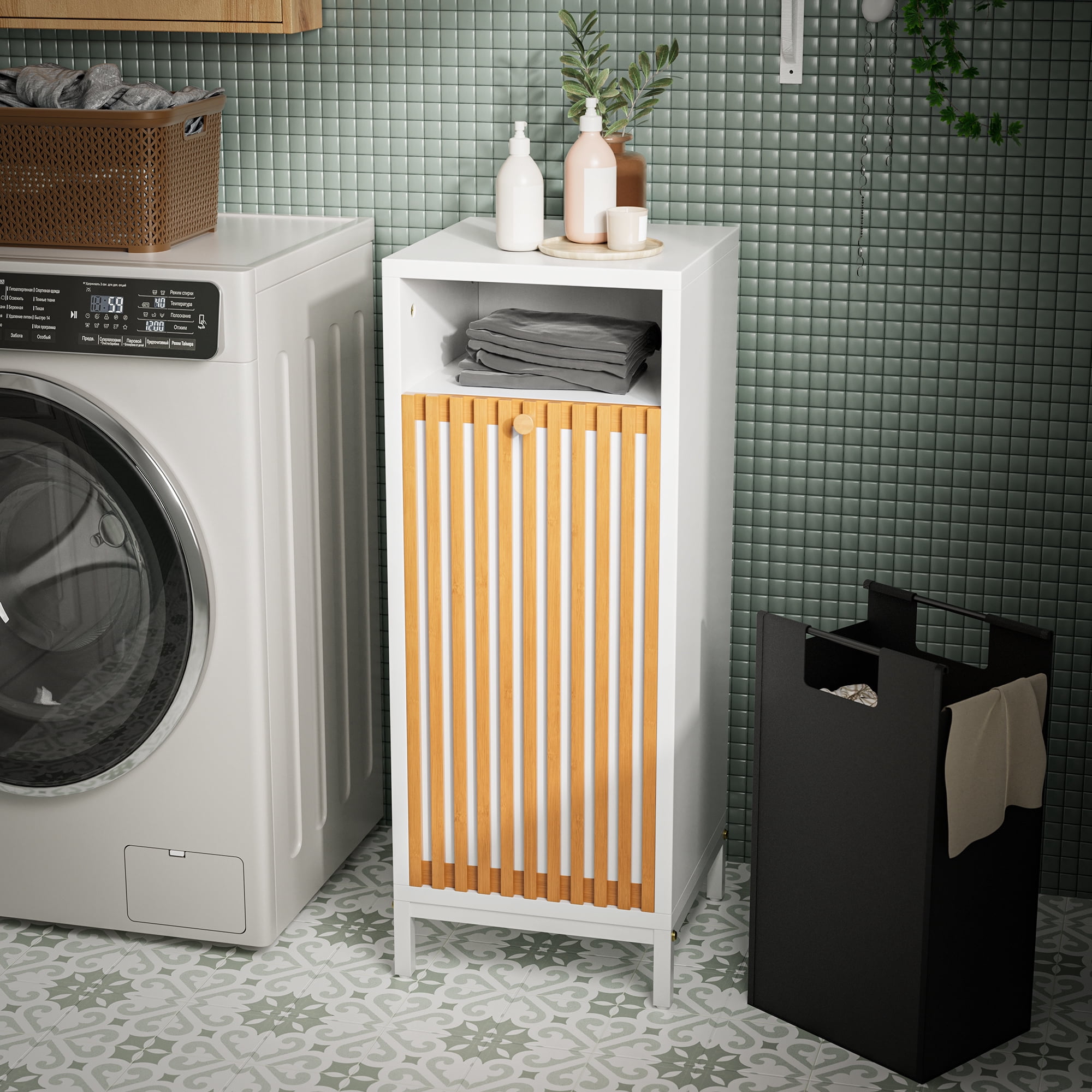LiviNest Compact Laundry Cabinet with Hamper: 3-in-1 Storage for Small ...