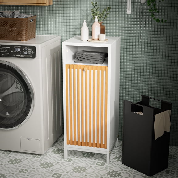 LiviNest Compact Laundry Cabinet with Hamper: 3-in-1 Storage for Small Bathrooms - Bamboo Front & Removable Basket - 13" x 13" Space-Saving Design for Apartments & Dorms