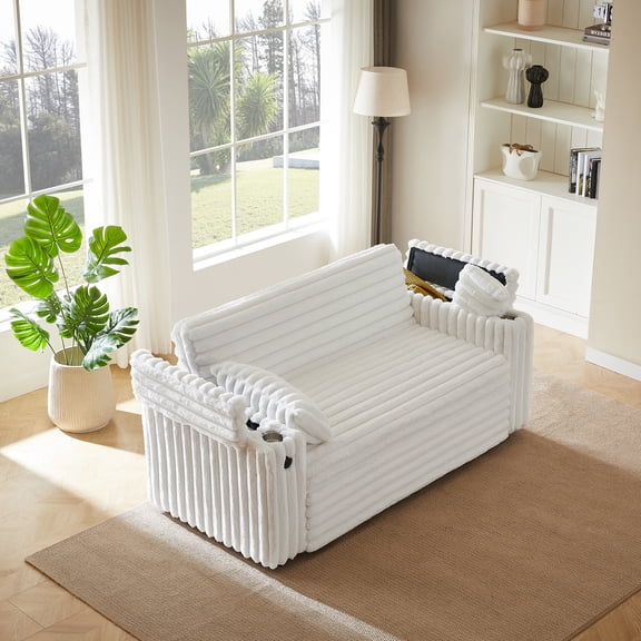 LiviNest Compact Living Sleeper Sofa: 1 Sofa Transforms to a Bed - 3-in-1 Armrest with USB Port & Storage for Small Apartments & Guest Rooms - White Convertible Loveseat with Adjustable Back