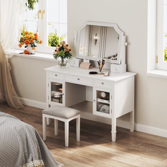 LiviNest Compact Makeup Vanity Desk: 44.4" Dressing Table with 7 Storage Units - 28.4" Adjustable Swivel Mirror for Bedroom & Small Spaces - White Vanity Set with Drawers & Cabinet