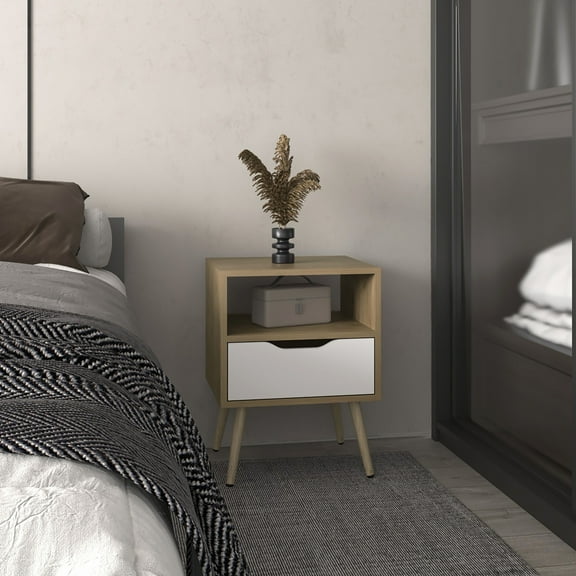 LiviNest Compact Nightstand for Low Beds: 21" Low-Profile Bedside Table - 1 Drawer & 1 Open Shelf for Small Bedrooms & Guest Rooms - Natural Oak & White Modern Design