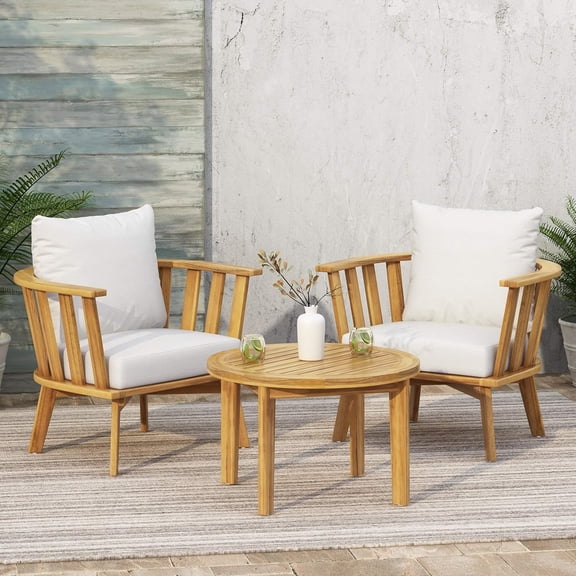 LiviNest Compact Patio Set for Small Spaces: 3-Piece Acacia Wood Club Chair & Table Set - 27" Round Table & 400lb Deep Seating with Water-Resistant Cushions for Balcony Garden Backyard