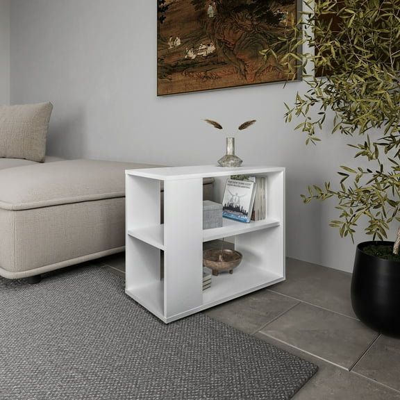 LiviNest Compact Side Table with Storage: 23.6" Wide for Small Spaces - 2-Tier Open Shelves Hold 17.6 lbs Each - Modern White End Table for Living Room & Bedroom