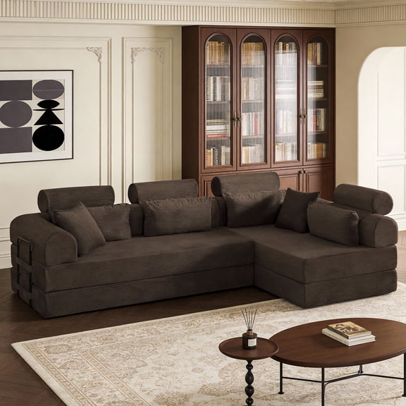 LiviNest Compressed Sofa Bed for Small Spaces: 2-Box Delivery 0-Assembly L-Shaped Sectional - Converts to Guest Bed in Seconds for Studio Apartments & Home Theaters - Brown Corduroy 28D Foam