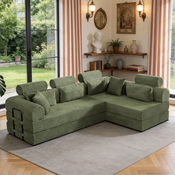 LiviNest Compressed Sofa Bed for Studio: 1 Sofa to 1 Bed in Seconds - Spacious 4-Seater L-Shaped Sectional - Modern Corduroy Couch for Small Apartments & Guest Hosting
