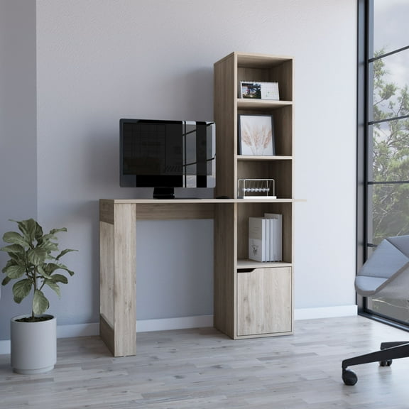 LiviNest Computer Desk with Bookshelf: Modern Writing Desk & Home Office Desk for Small Spaces - 4-Tier Bookcase & Cabinet Storage Workstation for Apartments & Compact Rooms