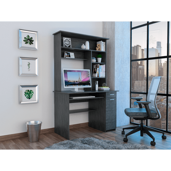 LiviNest Computer Desk with Hutch: Modern Grey Oak Design & Retractable Keyboard Tray - Multiple Shelves Storage for Home Office Workspace & Creative Studio Setup