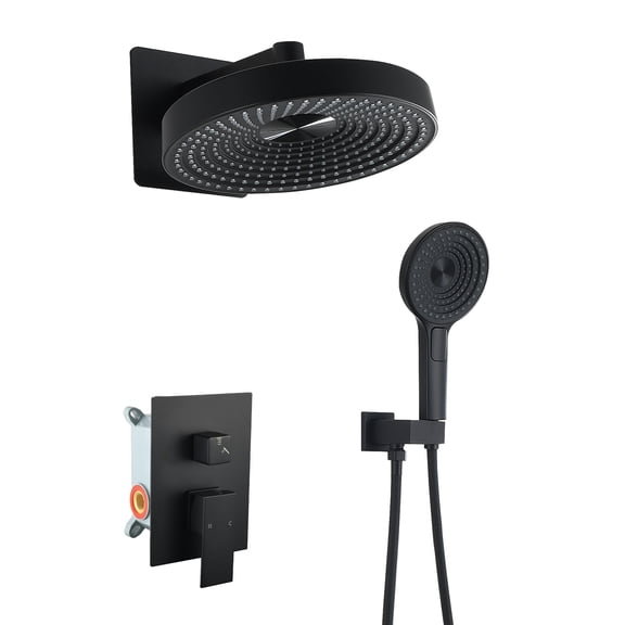 LiviNest Concealed Shower System 2-Function Set, Solid Brass Control Valve with Self-Cleaning Silicone Nozzles, Matte Black Wall Mount Overhead & Handheld Shower