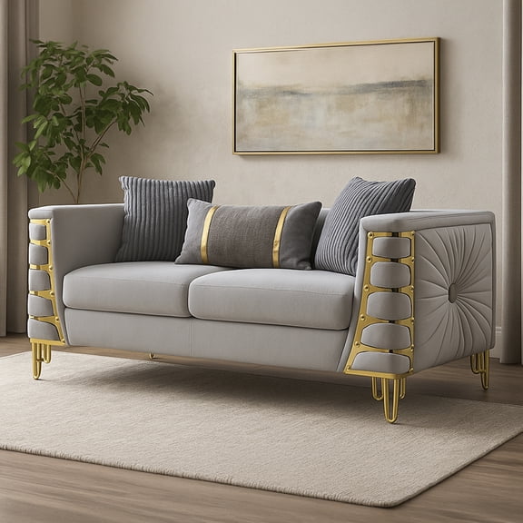 LiviNest Contessa Loveseat with Gold Metal Arm Detailing, Gray Fabric Upholstered Compact Apartment Sofa, High-Density Foam Cushions, 69 inches Wide for Living Room