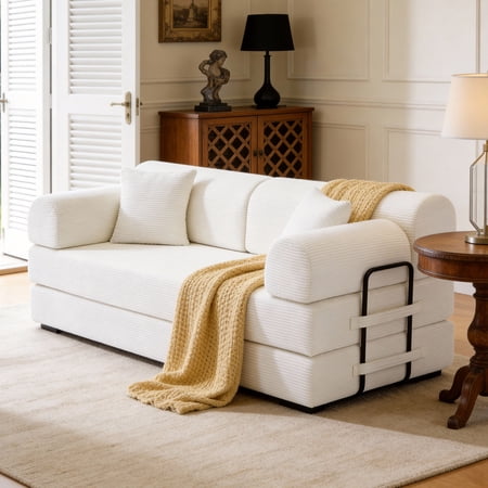 LiviNest Convertible Sleeper Sofa Bed: 4-in-1 Space Saving Sofa - Transforms to Chaise Lounge & Daybed for Small Apartments - Beige Corduroy Fabric & 30D Foam