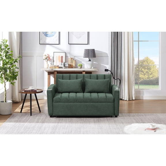 LiviNest Convertible Sofa Bed Loveseat: 3-Position Adjustable Backrest & 5-in-1 Convenience Hub - 55.9" Green Sofa with USB Ports & Cup Holders for Small Apartments & Guest Rooms