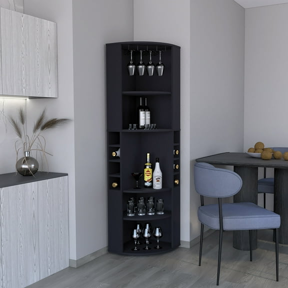 LiviNest Corner Bar Cabinet for Small Spaces: 8-Bottle & Stemware Storage - 5 Shelves for Bar Accessories in Apartments & Studios - Modern Black Finish
