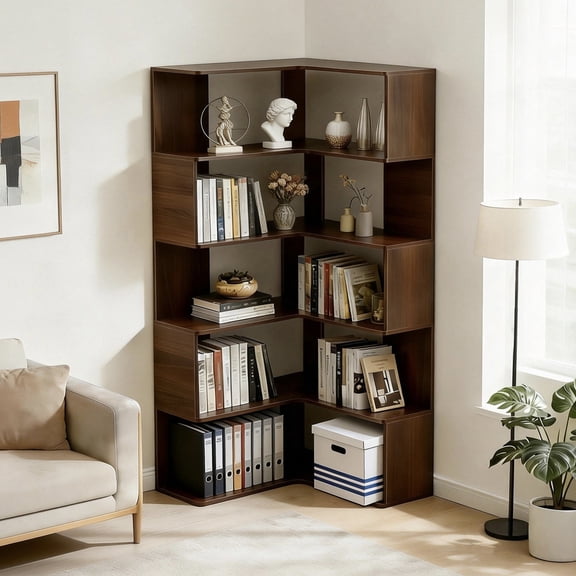 LiviNest Corner Bookshelf for Small Spaces: 6 Tier L-Shaped Display Shelf - 90 Wall-Fit for 100% Corner Utilization - 66" Tall Walnut Bookcase for Living Room & Home Office
