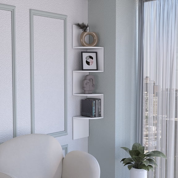 Wall Mounted Corner Shelf 4 Tier, LiviNest White Floating Shelves for Living Room Bedroom, 51.5" Tall Full-Wall Display Storage Unit