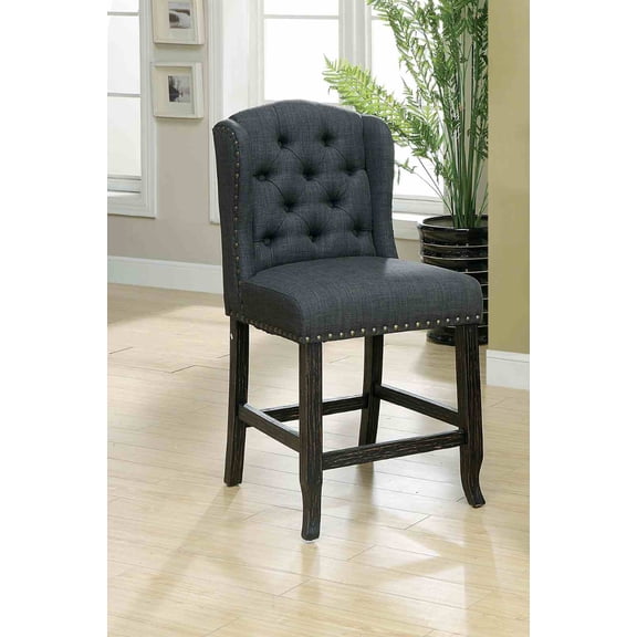 LiviNest Counter Height Dining Chair Set: Antique Black Finish Wingback Design - Rustic Style 2pc Kitchen Bar Stools with Distressed Details & Nailhead Trim for Farmhouse Breakfast Nook